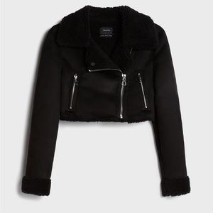 Bershka Black Faux Shearling Cropped Jacket